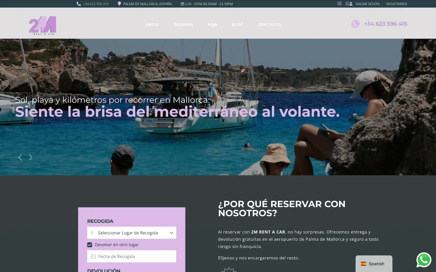 Captura de la web de 2M Rent a Car, alquiler de coches con reservas online
