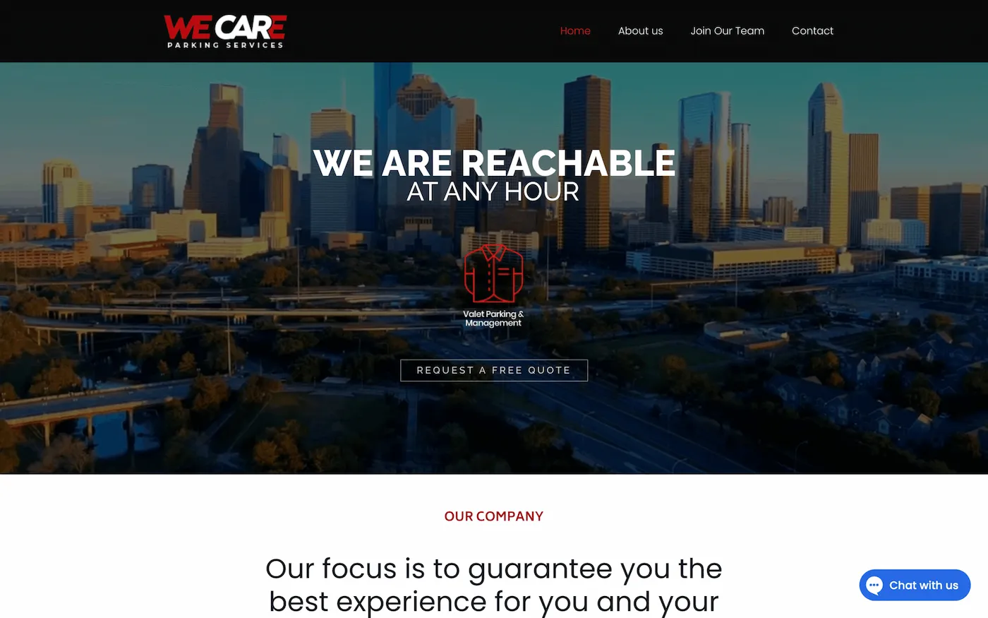 Captura de la web de We Care Parking Services, valet parking en Houston